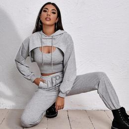 Women's Two Piece Pants Women Clothing Set Solid Sexy Crop Top Long Sleeve Hoodies Elastic Waist 3 Suit Female Tracksuit Spring Outfits