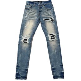 Mens Purple Designer Slim Jeans Skinny Stretch Denim Pants for Men Straight Fit Well-worn Vintage Stretch Denim Suede Patches Wash Blue Rip Jeans