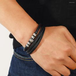 Charm Bracelets Vintage Trend Woven Leather Bracelet For Men Fashion Multi-layer Stacked Stainless Steel Magnetic Buckle Male Jewelry