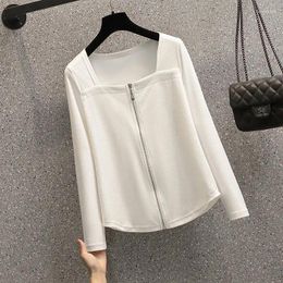 Women's T Shirts Spring And Autumn Square Neck Zipper Splice Loose Fit Elastic Solid Color Long Sleeve Fashion Elegant Commuter Tops