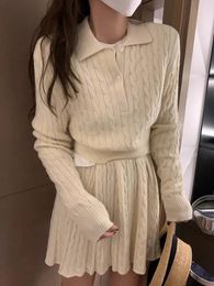 Two Piece Dress Korean Fashion Solid Knit 2piece Set Polo Neck Long Sleeve Cut TopMini Fold Ski Autumn Spring 231118