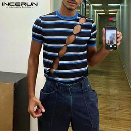 Men's T Shirts Casual Fashion Style Tops INCERUN Men Patchwork Striped Button T-shirts Streetwear Hollowed-out Short Sleeved Camiseta S-5XL