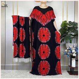 Ethnic Clothing 2023 Muslim Fashion Summer Woman Short Sleeve Dresses With Big Scarf Loose Cotton Boubou Kaftan Islam African Abaya