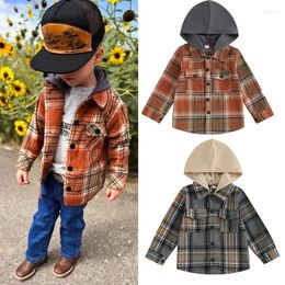 Jackets FOCUSNORM 0-4Y Toddler Kids Boys Outwear Long Sleeve Plaid Print Patchwork Hooded Flannel Shirts Coats