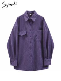 Women's Blouses & Shirts Syiwidii Corduroy Purple Top Button Up Women Long Sleeve Turn Down Collar Oversized Loose Outerwear 2023 Warm Blous