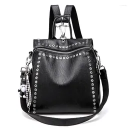 School Bags Fashion Rivet Feminina Backpack In Trend Black Genuine Leather Multifunctional Leisure Soft Handle Travel Bag