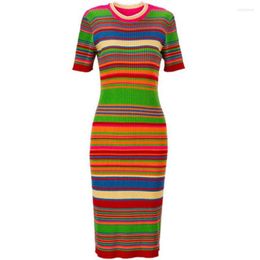 Casual Dresses Colourful Striped Short-sleeved Knitted Dress For Women Spring Summer 2023 Slim Hip