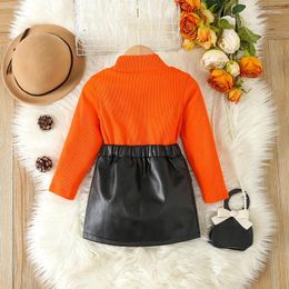 Clothing Sets Toddler Baby Girl Fall Outfits Ribbed Mock Neck Tops PU Leather Skirts 2Pcs Solid Colour Long Sleeve Clothes