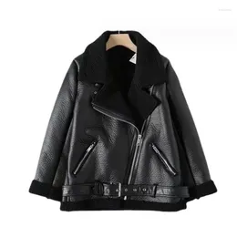 Women's Leather Fur Locomotive Retro With Belt Riding Winter Jacket Long-sleeved Lapel Padded Warm Black Zip Chic Female Coat Tops