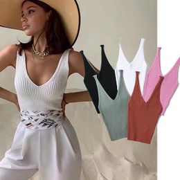 Camisoles Tanks Maxdutti Summer Tshirts Women Ins Fashion Blogger Multicolor V-neck Rib Knitted Camisole Sexy Short Tank Tshirts Tops 230421