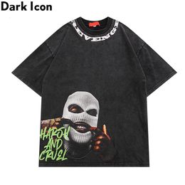 Men s T Shirts Dark Icon Printed Washing Cotton High Street T shirt Summer Off Shoulder Tshirts Man 230421