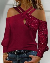 Women's Blouses Blouse For Women 2023 Spring Colorblock Crisscross Long Sleeve Tees Contrast Sequin Cold Shoulder Top Outfits Female