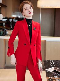 Women's Two Piece Pants Women 2 Set Office Ladies Elegant Casual Business Jackets Split Wide Leg Female Clothes Formal Blazer Pantsuits