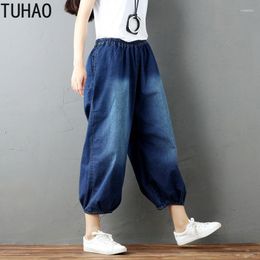 Women's Jeans TUHAO Spring Summer Loose Casual Elastic Waist Bloom Pants Retro Cotton Blue Wide Leg Capris Women LLJ