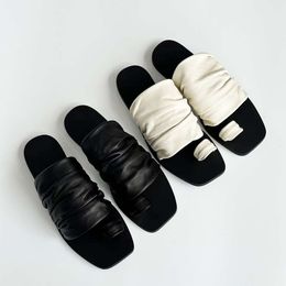 The Row sheepskin slippers shoes toe Niche soft with pleats and flat bottoms square toe anti slip and wear-resistant casual shoes