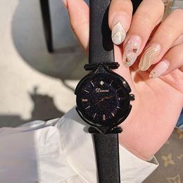 Wristwatches Super Cool Black Women Watches Ladies Leather Strap Dress Watch Woman Causal Starry Face Reloj