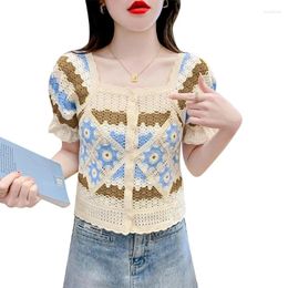 Women's Blouses Summer Short Sleeve Coat Crochet Cardigan Blouse Shirt Sexy Hollow-Out Crop Tops