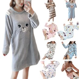 Women's Sleepwear Womens Winter Thicken Flannel Long Sleeve Nightgown Cute Cartoon Animal Bear Printed Sweet Student Loose Knee LengthWomen'