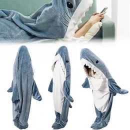 Blankets 1 shark blanket adult wearable winter warm hooded game suit Onesie fun sleep bag for Slumber Party 231120