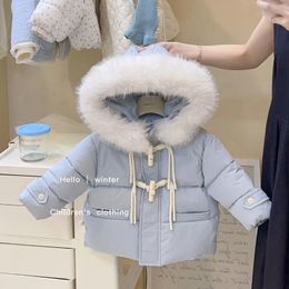 Down Coat Thick Warm Girls Solid Hooded One Breasted Soft White Duck Jackets Big Fur Collar Waterproof Pufdfer Overcoats