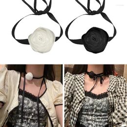 Pendant Necklaces Sexy Simple Black White Fabric Rose Flower Long Ribbon Choker Collar