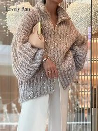 Women's Knits Tees Lurex Sequin Sweater Cardigan Women Sparkling Knitted Long Sleeve Loose Zipper Stand Collar Female Top Streetwear Lady Jakcet 231120