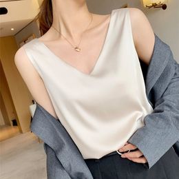 Camisoles Tanks Women's Blouses Summer Chiffon V Neck Plus Size Satin Office Black Women Tunic Elegant Shirts Silk Sling Vest Woman Top 230420