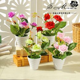 Decorative Flowers Desktop Artificial Decorations Plants Simulated Silk Mini Rose Bonsai With Plastic Pots Flower Potted Ornaments