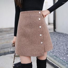 Skirts 2023 Women Autumn Winter Woolen Skirt Female Solid Irregular High Waist Mini Lady Elegant Slim Casual Button C22