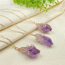 Pendant Necklaces Fashion Handmade Copper Wire Wrapped Amethyst Raw Stone Necklace For Women Men Couples Gift Semi-precious Jewellery