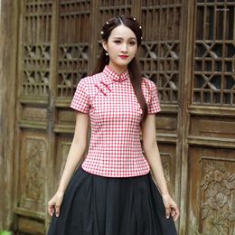 Ethnic Clothing Sheng Coco Woman Plaid Blouse Navy Blue Retro Qipao Tops Chinese Style Shirt Short Sleeve Hanfu Shirts 3XL