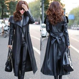 Women's Trench Coats Black Leather Coat Genuine Lambskin Winter Long Overcoat Jacket