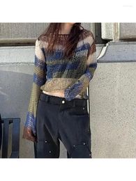 Women's Knits 2024 Y2K Backless Women Sweater Semi-sheer Full Sleeve Cropped Top Contrast Colour Trendy Street Knit Pullovers Autumn Lady