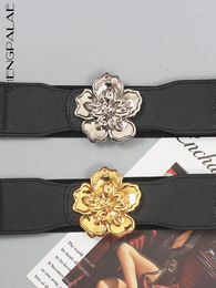 Belts SHENGPALAE Women Metal Flower Pu Leather Elastic Broad Adjustable Black Versatile Fashion Female 2023 Trend 1498