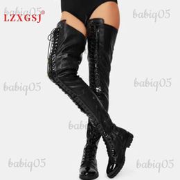 Boots 2023 Winter Riding Women Boots Lace Up Side Zip Black Over The Knee Boots Low Heels Pu Leather Big Size 46 Long Boots T231121