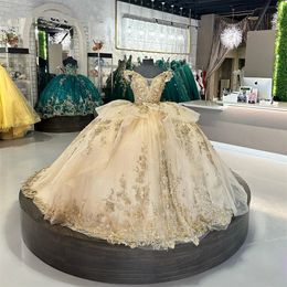 Beaded Lace Appliques Champagne Quinceanera Ball Off The Shoulder Princess Sweet 16 Dresses Birthday Party Gown 322