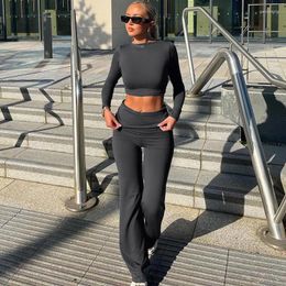 Women's Two Piece Pants Leisure Fold Over 2 Pieces Suit Women Autumn Crew Long Sleeve Slim Crop Top Flare Sports Causal Matching Set Outfit