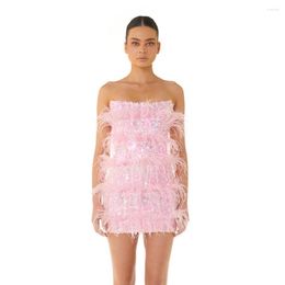 Casual Dresses Women Sexy Pink Sequins Lace Feather Off Shoulder Sleeveless Mini Elegant Celebrity Strapless Tight Party 2023 Summer Dress