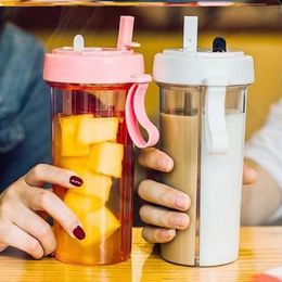 Mugs Creative Simple Double Drinking Cup Double Straw Couple Water Mug Dual Purpose Kettle Student Net Red Lovers Bottle Outdoor Z0420