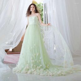 Casual Dresses Glitter Light Green Sequined Lace Prom Gowns Pretty 3D Flower Mesh A Line Sweet Strapless Floral Formal Party Dress