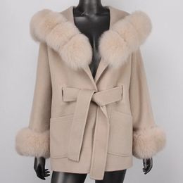 Women's Wool Blends 2023 Winter Warm Natural Fur Collar Hooded Women Jacket Loose Version Real Woolen Coat Luxury Fashion Streetwear 231120