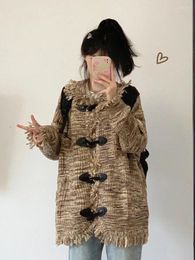 Women's Knits Knitted Cardigans Horn Button Patchwork Brown Autumn Coat Furred Edge Fringe Long Sleeved Lapel Loose Medium Length