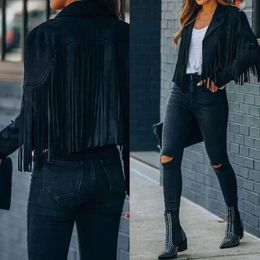 Women's Jackets Fringed Bomber Jacket Women Spring Fall Fashion Long Sleeve Turn-down Collar Open Stitch Slim Faux Leather Tassel Coat