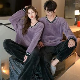 Women's Sleepwear 2023 Winter Couple Long Sleeve V-neck Thick Warm Flannel Pajama Sets For Women Korean Loose Men Homewear Home Clothes