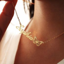 Pendant Necklaces Customised Butterfly Name Necklace Womens Waterproof Stainless Steel Chain Personalised Jewellery Birthday Gift 231121