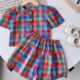 Clothing Sets Red Plaid Girls' Set 2023 Summer Children's Colorful Bubble Sleeve Shirt Shorts Two Piece