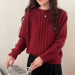 Women's Sweaters Women Autumn Retro Three-dimensional Cable Thick Wool Round Neck Raglan Sleeve Pullover Sweater