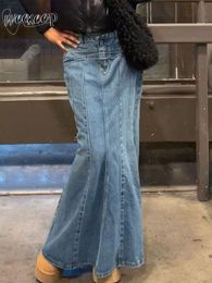 Skirts Weekeep Vintage Denim Long Skirt Fashion Streetwear Low Rise Jean Midi Harajuku Casual Women Clothing Y2k Aesthetic Basic 230420