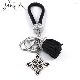 Keychains Witch's Irish Knot Key Chain With Tassel Leather Stainless Steel Pendant Witch Celtic Car Holder Jewellery Nudo De Bruja