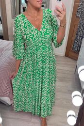 Casual Dresses Bohemian Print V-neck Elasticated Waist Wrap Long Dress Summer Vintage Mosaic Maxi Loose Frill Sleeve Chiffon